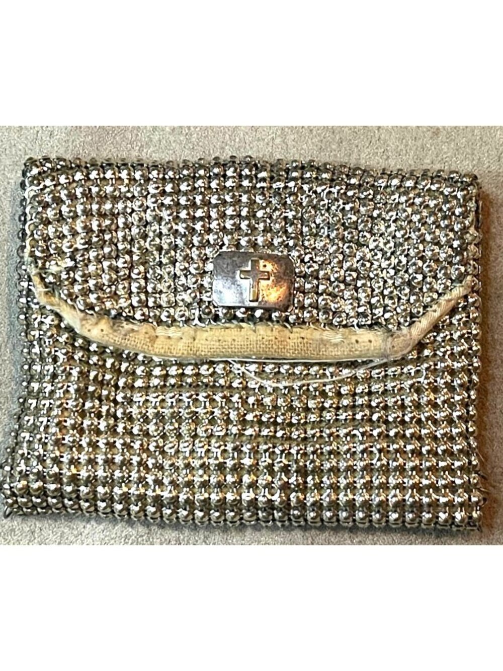 Vintage 1930s Metal Mesh Rosary Pouch Purse Art Deco Catholic Cross Case